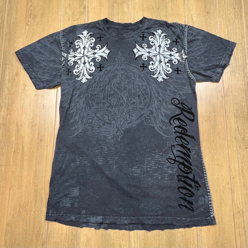 Raw State Mens XL T-Shirt Gothic Cross Graphic Acid Wash Redemption Black Tee